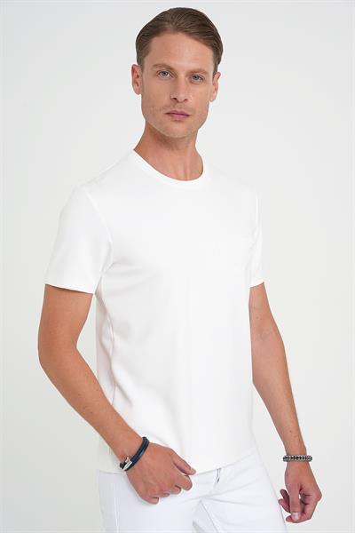 Comfort Fit Bisiklet Yaka Nakışlı Kısa Kol Ekru Pamuk Tişört Ts 910