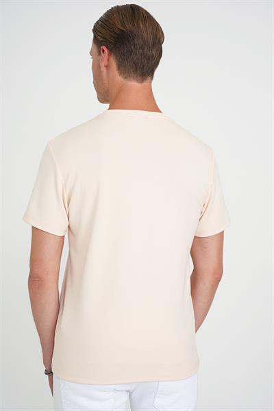 Comfort Fit Bisiklet Yaka Nakışlı Kısa Kol Açık Krem Pamuk Tişört Ts 910