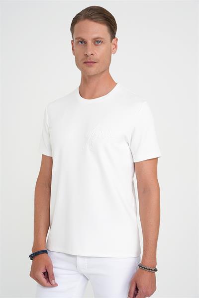 Comfort Fit Bisiklet Yaka Nakışlı Kısa Kol Ekru Pamuk Tişört Ts 910