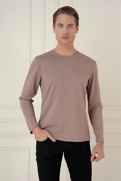 Comfort Fit Bisiklet Yaka Uzun Kol Casual Vizon Tişört Ts 892