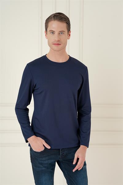 Comfort Fit Bisiklet Yaka Uzun Kol Casual Lacivert Tişört Ts 892