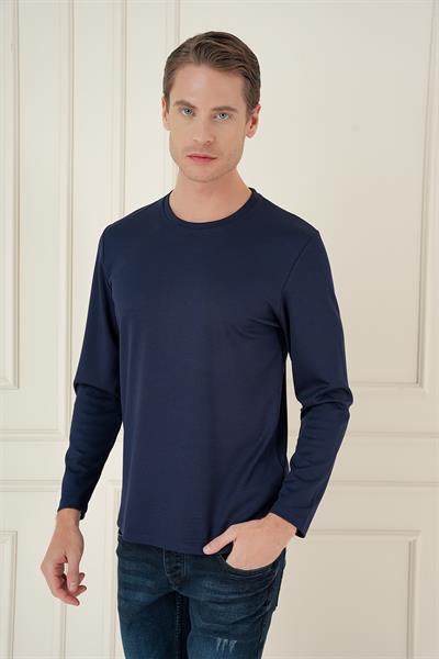 Comfort Fit Bisiklet Yaka Uzun Kol Casual Lacivert Tişört Ts 892
