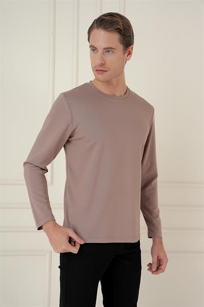Comfort Fit Bisiklet Yaka Uzun Kol Casual Vizon Tişört Ts 892