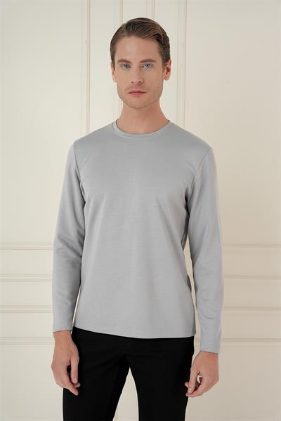 Comfort Fit Bisiklet Yaka Uzun Kol Casual Gri Tişört Ts 892