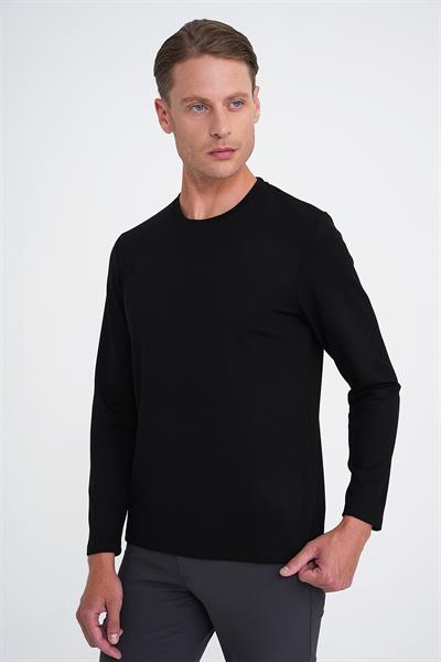 Comfort Fit Bisiklet Yaka Uzun Kol Casual Siyah Tişört Ts 892
