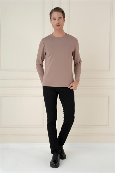 Comfort Fit Bisiklet Yaka Uzun Kol Casual Vizon Tişört Ts 892