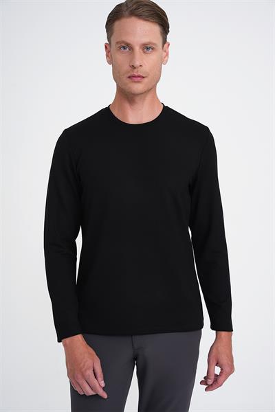 Comfort Fit Bisiklet Yaka Uzun Kol Casual Siyah Tişört Ts 892