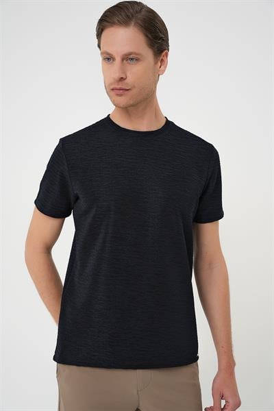 Comfort Fit Bisiklet Yaka Viskon Karışımlı Dokulu Casual Lacivert Tişört Ts 896