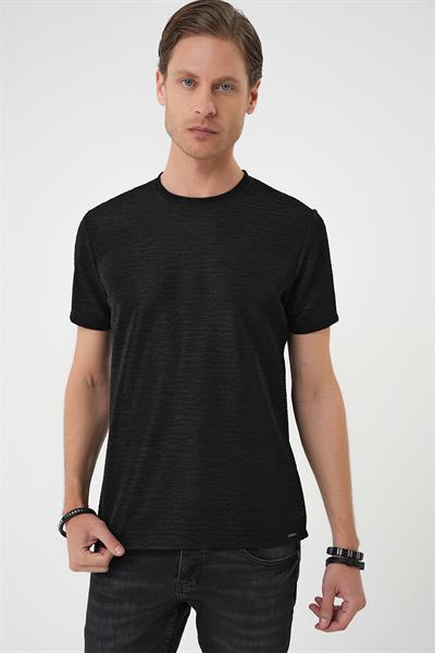 Comfort Fit Bisiklet Yaka Viskon Karışımlı Dokulu Casual Siyah Tişört Ts 896