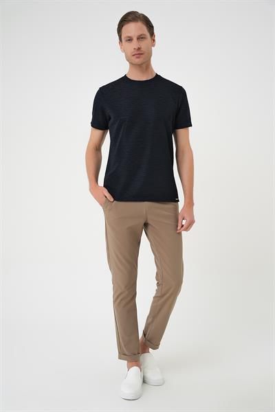 Comfort Fit Bisiklet Yaka Viskon Karışımlı Dokulu Casual Lacivert Tişört Ts 896