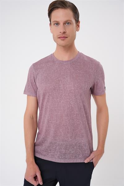 Comfort Fit Bisiklet Yaka Viskon Karışımlı Casual Gül Kurusu Tişört Ts 902