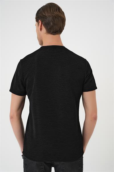 Comfort Fit Bisiklet Yaka Viskon Karışımlı Dokulu Casual Siyah Tişört Ts 896