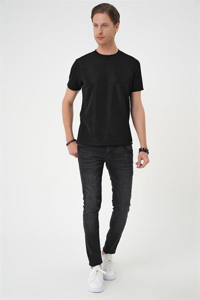 Comfort Fit Bisiklet Yaka Viskon Karışımlı Dokulu Casual Siyah Tişört Ts 896