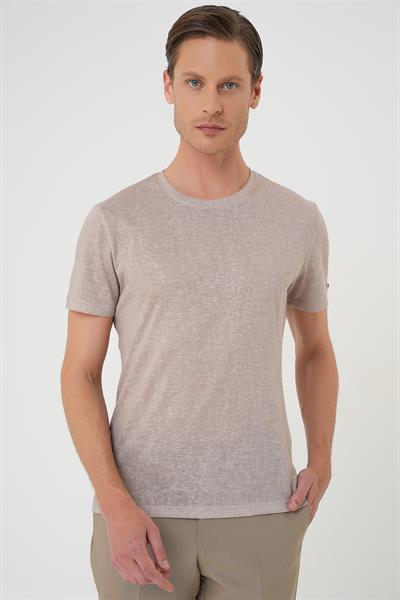 Comfort Fit Bisiklet Yaka Viskon Karışımlı Casual Kum Beji Tişört Ts 902