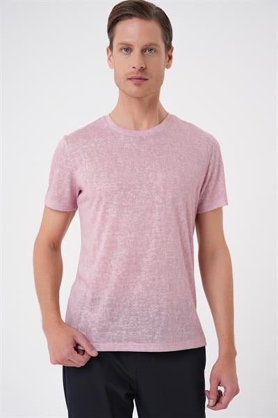 Comfort Fit Bisiklet Yaka Viskon Karışımlı Casual Açık Pembe Tişört Ts 902