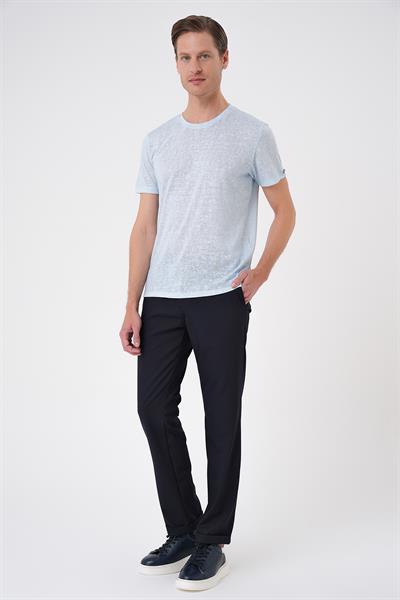Comfort Fit Bisiklet Yaka Viskon Karışımlı Casual Mavi Tişört Ts 902