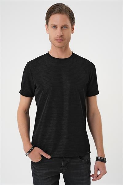 Comfort Fit Bisiklet Yaka Viskon Karışımlı Dokulu Casual Siyah Tişört Ts 896