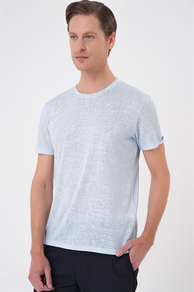 Comfort Fit Bisiklet Yaka Viskon Karışımlı Casual Mavi Tişört Ts 902