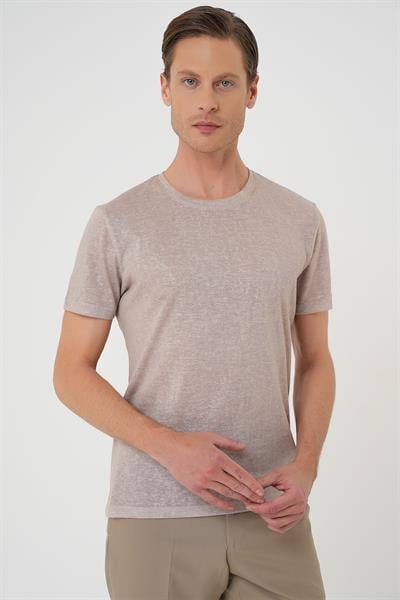Comfort Fit Bisiklet Yaka Viskon Karışımlı Casual Kum Beji Tişört Ts 902