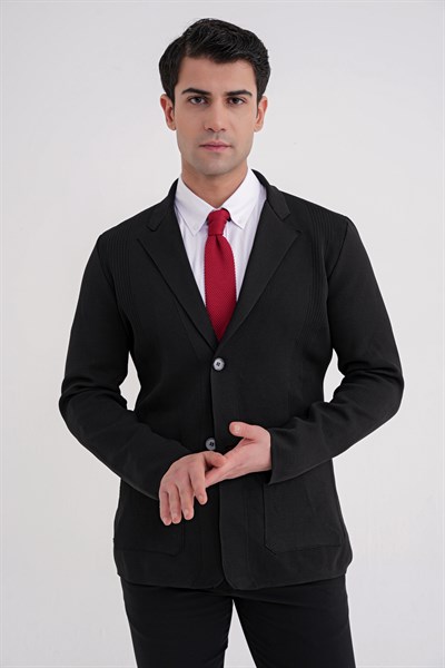 Comfort Fit Ceket Yaka Torba Cep Düğmeli Siyah Yünlü Triko Ceket 04