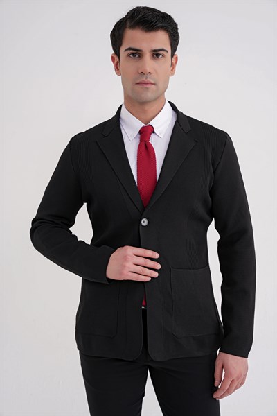 Comfort Fit Ceket Yaka Torba Cep Düğmeli Siyah Yünlü Triko Ceket 04