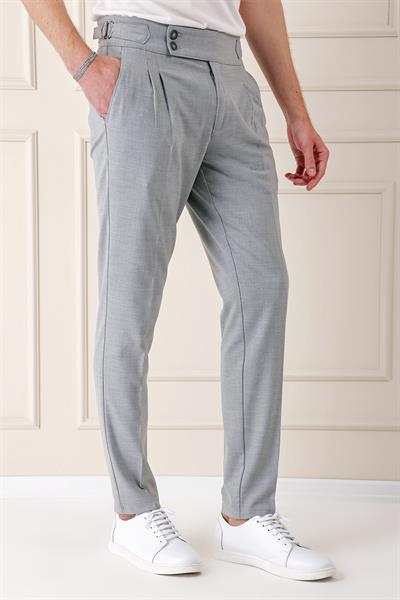 Comfort Fit Çift Pile Yandan Tokalı Yüksek Bel Casual Gri Pantolon P 1153