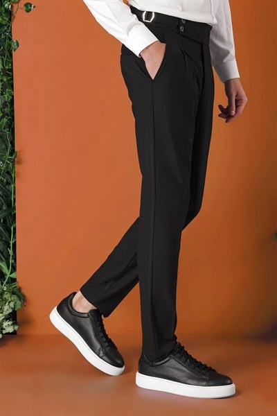 Comfort Fit Çift Pile Yandan Tokalı Yüksek Bel Casual Siyah Pantolon P 1153