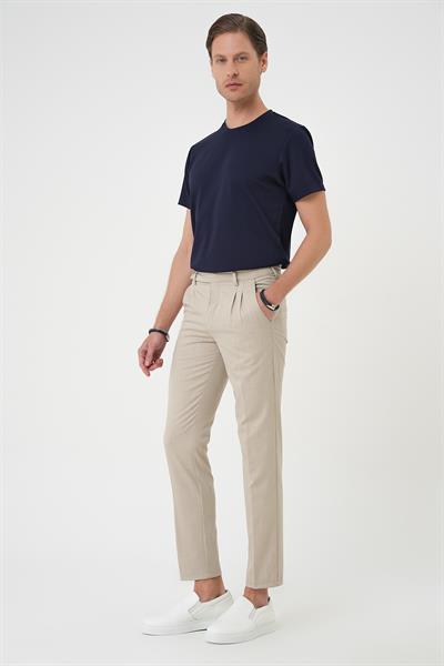 Comfort Fit Çift Pileli Dokulu Esnek Pamuk Bej Pantolon P 1158
