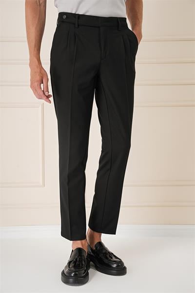 Comfort Fit Çift Pileli Dokulu Esnek Pamuk Siyah Pantolon P 1158