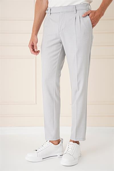 Comfort Fit Çift Pileli Dokulu Esnek Pamuk Gri Mavi Pantolon P 1158