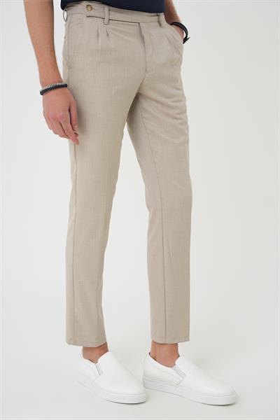 Comfort Fit Çift Pileli Dokulu Esnek Pamuk Bej Pantolon P 1158