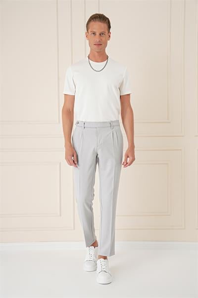 Comfort Fit Çift Pileli Dokulu Esnek Pamuk Gri Mavi Pantolon P 1158