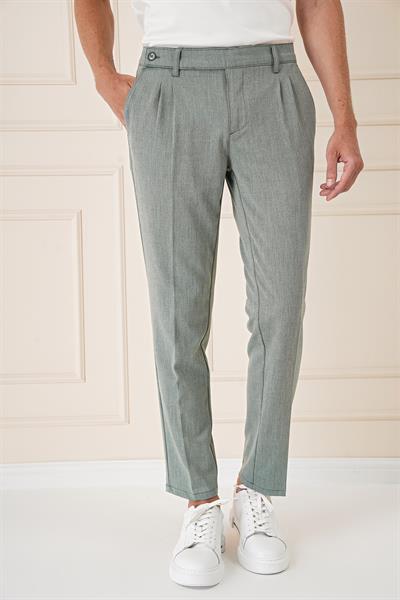 Comfort Fit Çift Pileli Dokulu Esnek Pamuk Yeşil Pantolon P 1158