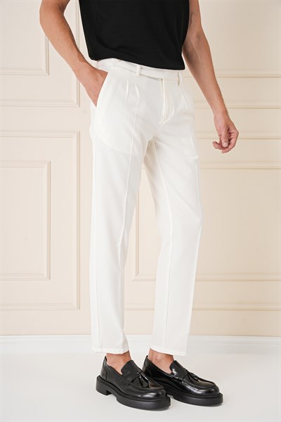 Comfort Fit Çift Pileli Dokulu Esnek Pamuklu Ekru Pantolon P 1158