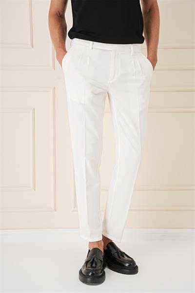 Comfort Fit Çift Pileli Dokulu Esnek Pamuk Ekru Pantolon P 1158