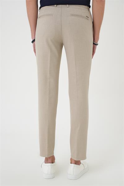 Comfort Fit Çift Pileli Dokulu Esnek Pamuk Bej Pantolon P 1158