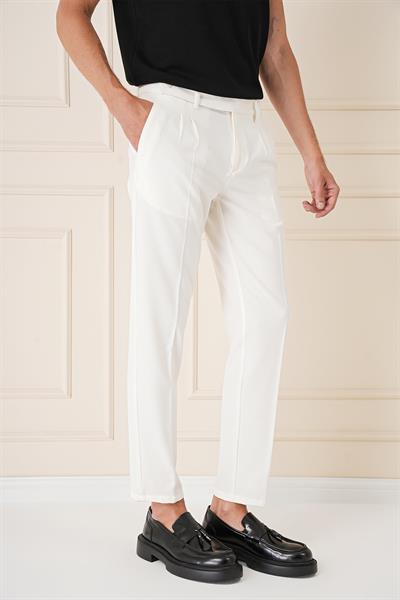 Comfort Fit Çift Pileli Dokulu Esnek Pamuk Ekru Pantolon P 1158