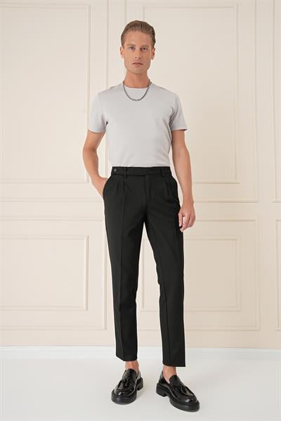 Comfort Fit Çift Pileli Dokulu Esnek Pamuk Siyah Pantolon P 1158