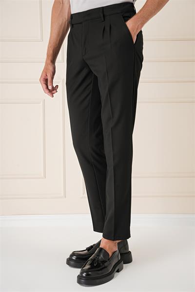 Comfort Fit Çift Pileli Dokulu Esnek Pamuk Siyah Pantolon P 1158