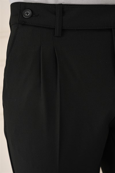 Comfort Fit Çift Pileli Dokulu Esnek Pamuklu Siyah Pantolon P 1158