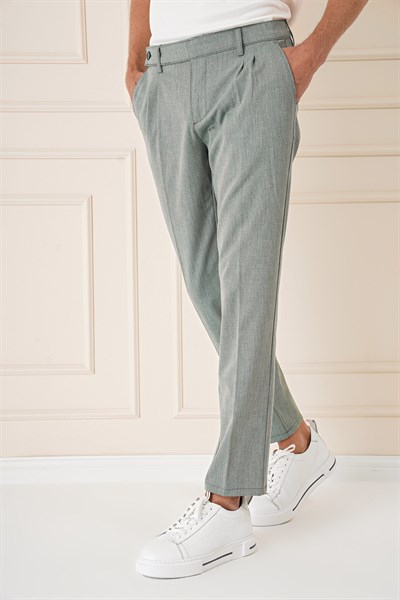 Comfort Fit Çift Pileli Dokulu Esnek Pamuklu Yeşil Pantolon P 1158