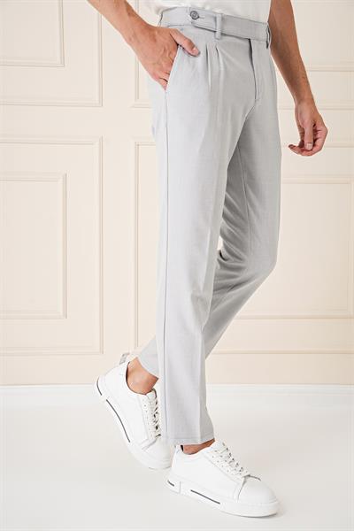 Comfort Fit Çift Pileli Dokulu Esnek Pamuk Gri Mavi Pantolon P 1158