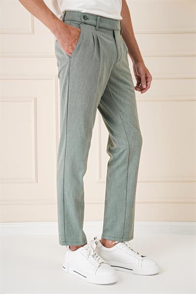 Comfort Fit Çift Pileli Dokulu Esnek Pamuk Yeşil Pantolon P 1158
