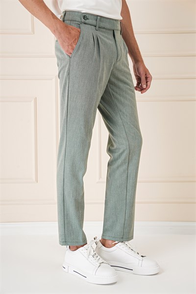 Comfort Fit Çift Pileli Dokulu Esnek Pamuklu Yeşil Pantolon P 1158