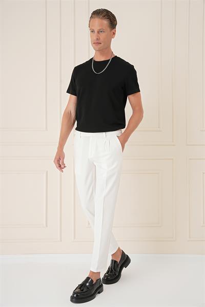 Comfort Fit Çift Pileli Dokulu Esnek Pamuk Ekru Pantolon P 1158