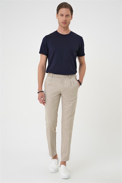 Comfort Fit Çift Pileli Dokulu Esnek Pamuklu Bej Pantolon P 1158
