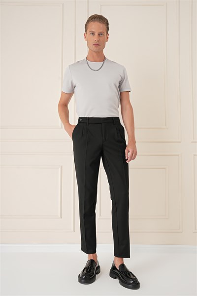 Comfort Fit Çift Pileli Dokulu Esnek Pamuklu Siyah Pantolon P 1158