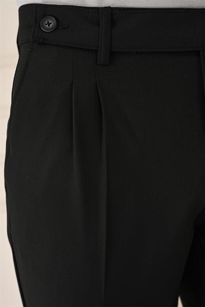 Comfort Fit Çift Pileli Dokulu Esnek Pamuk Siyah Pantolon P 1158