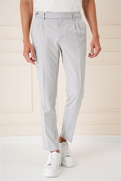 Comfort Fit Çift Pileli Dokulu Esnek Pamuklu Gri Mavi Pantolon P 1158