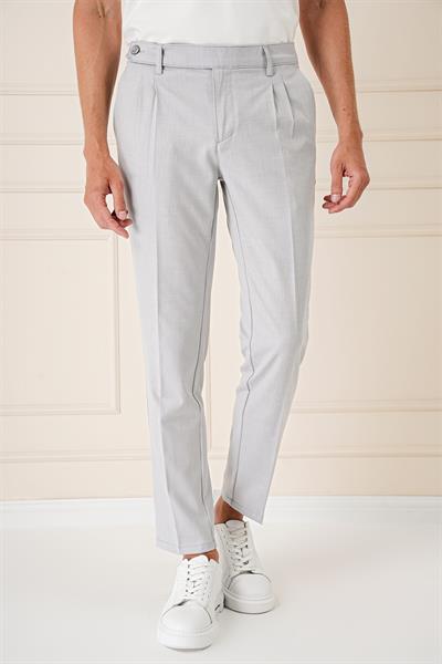Comfort Fit Çift Pileli Dokulu Esnek Pamuk Gri Mavi Pantolon P 1158